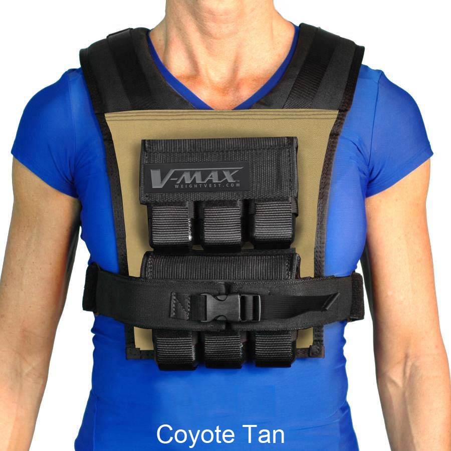 Person wearing a Coyote Tan weight vest with V-MAX branding on a white background