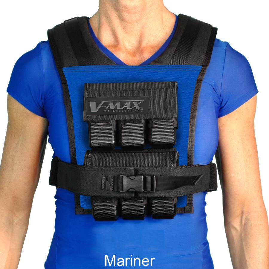 Person wearing a blue shirt with a mariner V-MAX weighted vest on a white background