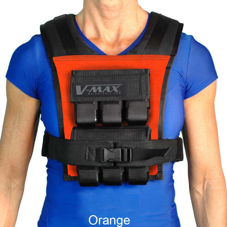 Woman wearing a 30 lb. V-Max compact orange weighted vest and wearing a blue shirt