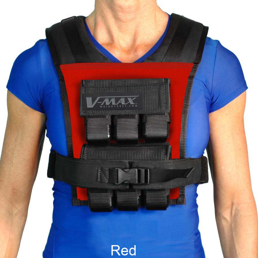 Woman wearing red 30 lb. V-Max® Compact Weight Vest over a blue shirt, slim fit design with removable 2.5 lb. weights for strength and fitness training