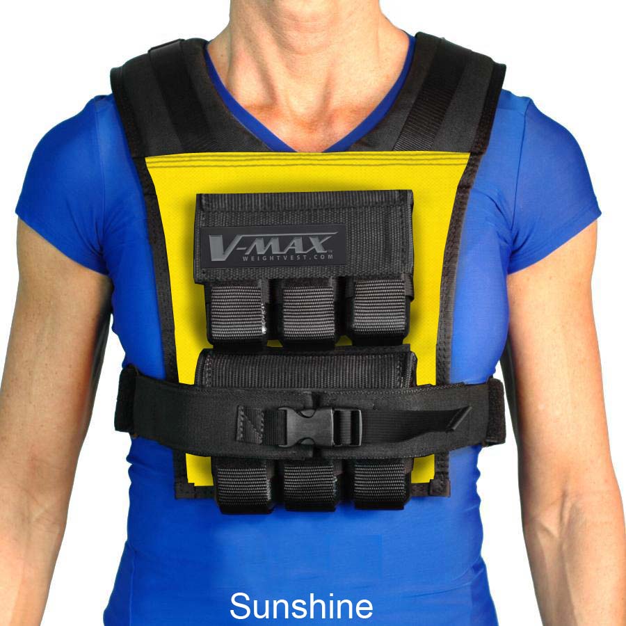 Woman wearing sunshine 30 lb. V-Max Compact Weight Vest over a blue shirt, slim fit design with removable 2.5 lb. weights for strength and fitness training