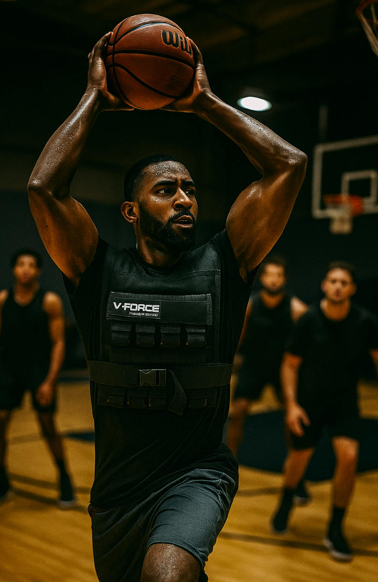 Man holding basketball above his head while wearing a weight vest