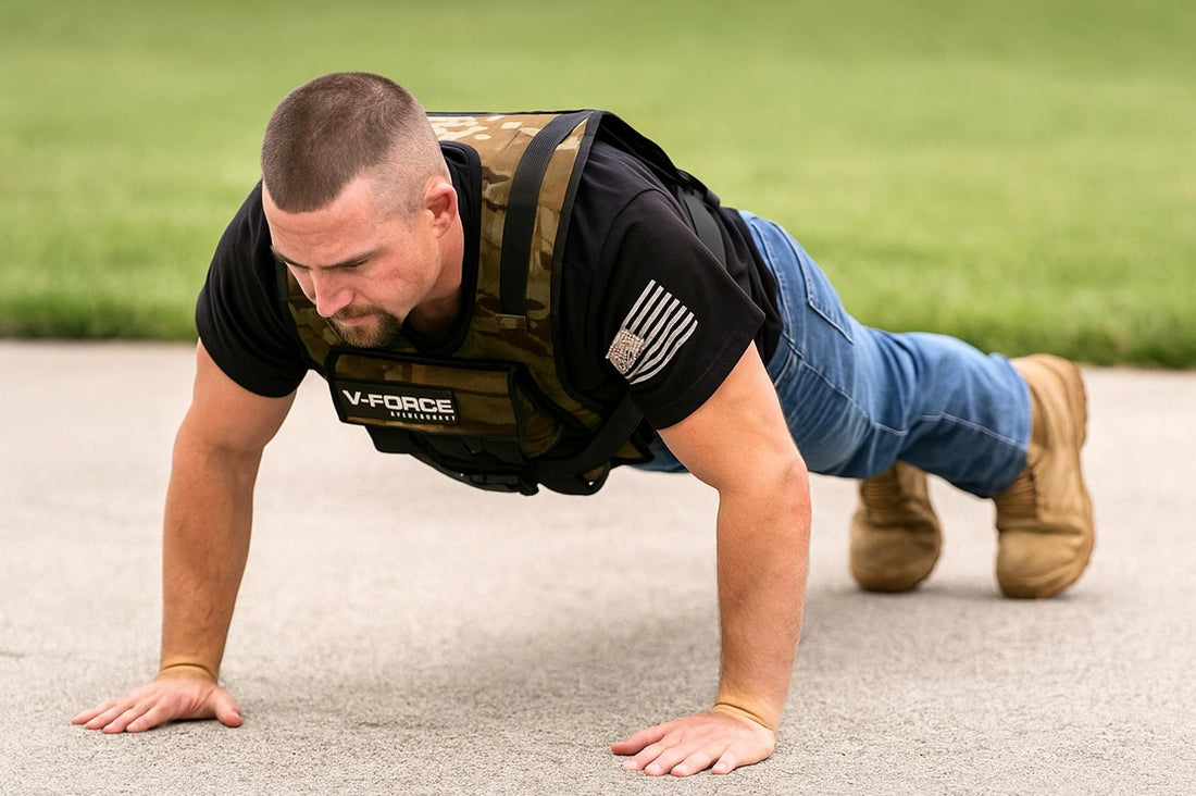 Man doing push ups with a weighted vest
