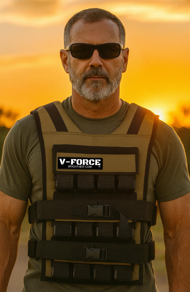 Man standing in the sunset with a tan long weighted vest