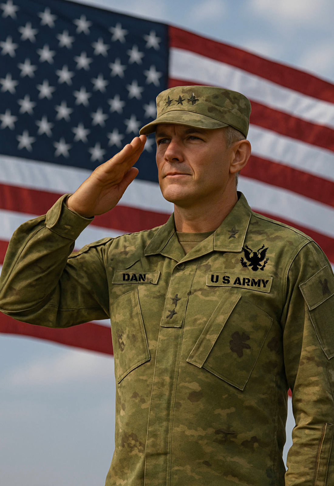U.S. Army three-star general standing at attention and saluting the American flag, symbolizing strength, discipline, and military leadership