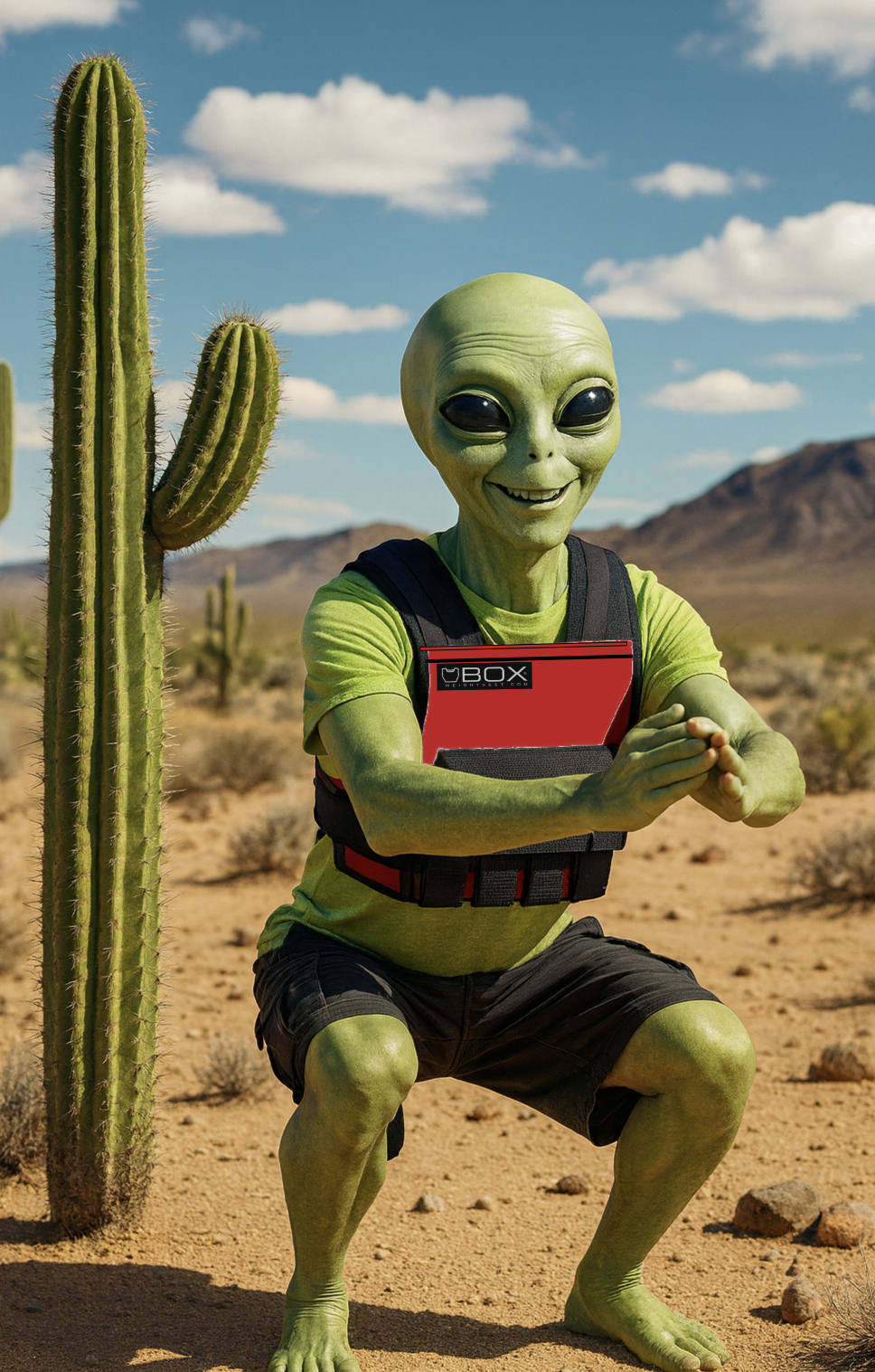 Friendly green alien wearing a red BOX weight vest doing air squats beside a cactus in the Nevada desert under a bright blue sky