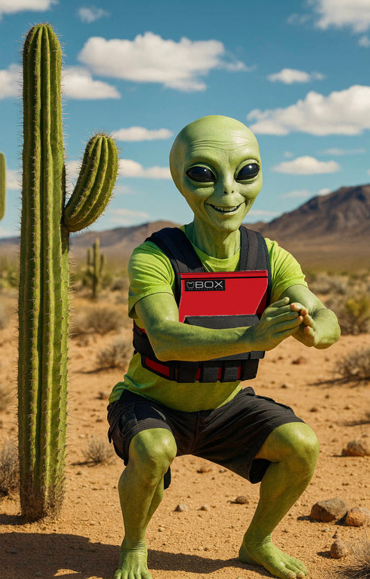 Friendly green alien wearing a red BOX weight vest doing air squats beside a cactus in the Nevada desert under a bright blue sky