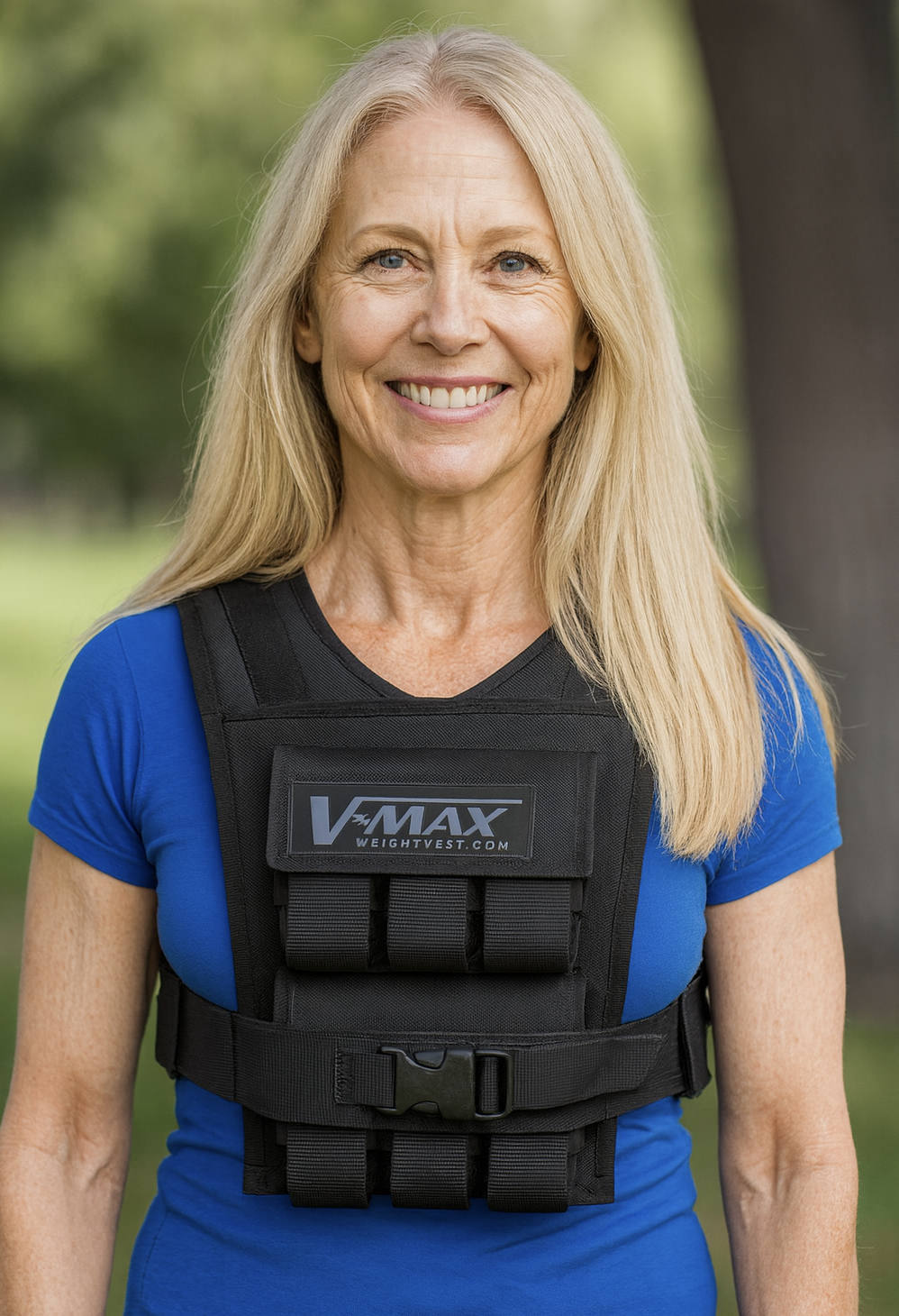 Alt text: **Fit middle-aged woman with long blonde hair wearing a black 30 lb. compact V-MAX™ weight vest from WeightVest.com, smiling outdoors in a sunny park while wearing a blue athletic top.**