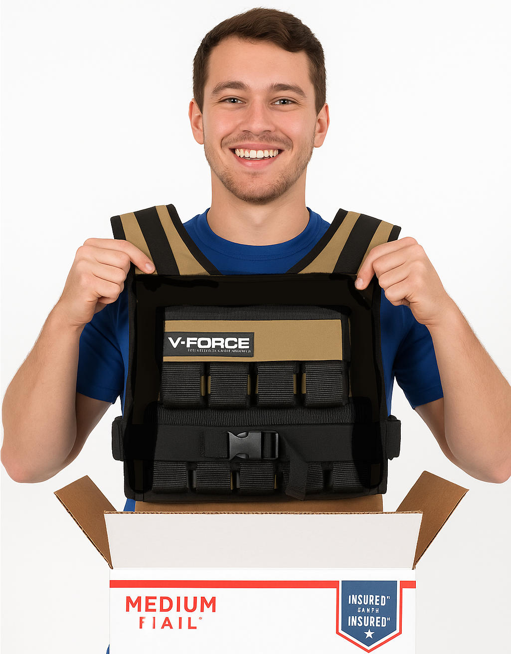 young man just opened a box containing a weight vest