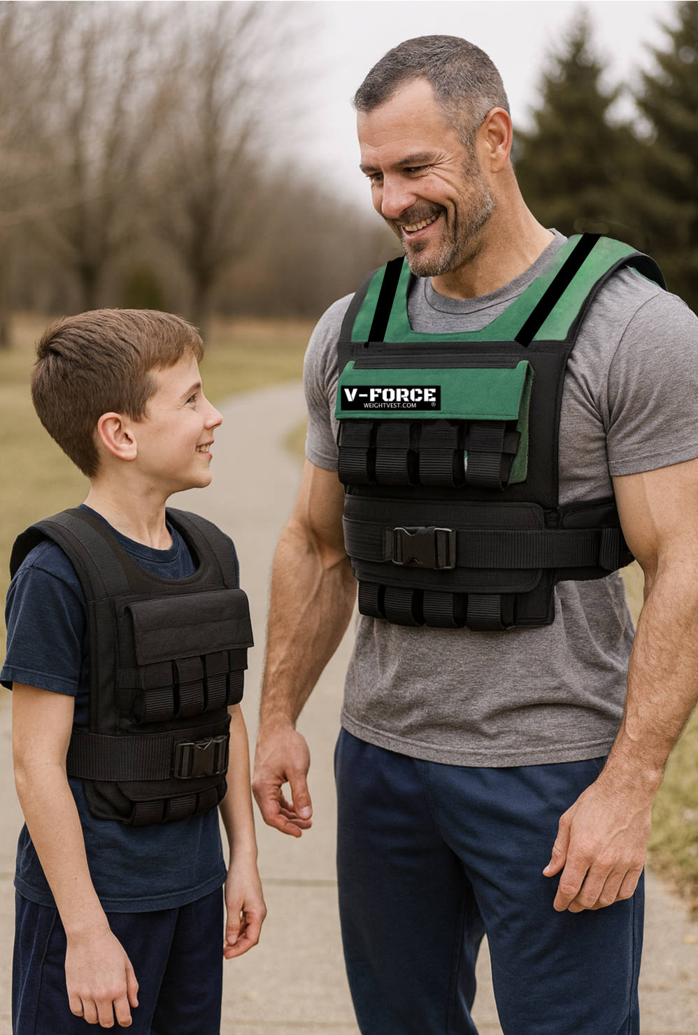 Muscular adult man and young boy wearing V-Force weight vests smiling at each other outdoors, demonstrating universal one-size weight vest fit.