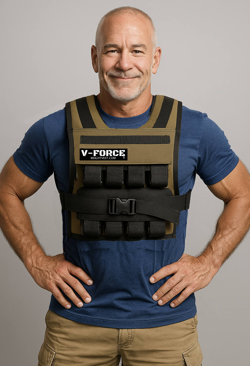 Man aged 64 wearing tan V-Force weight vest while wearing blue t-shirt and tan cargo shorts