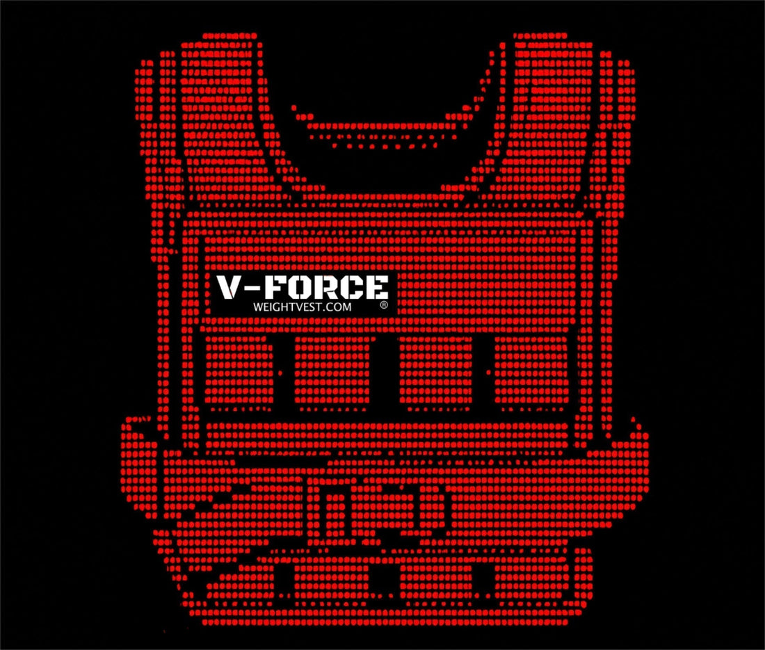 Red pixelated V-Force weight vest displayed on a glossy black background, showing weight pockets, and front buckle system