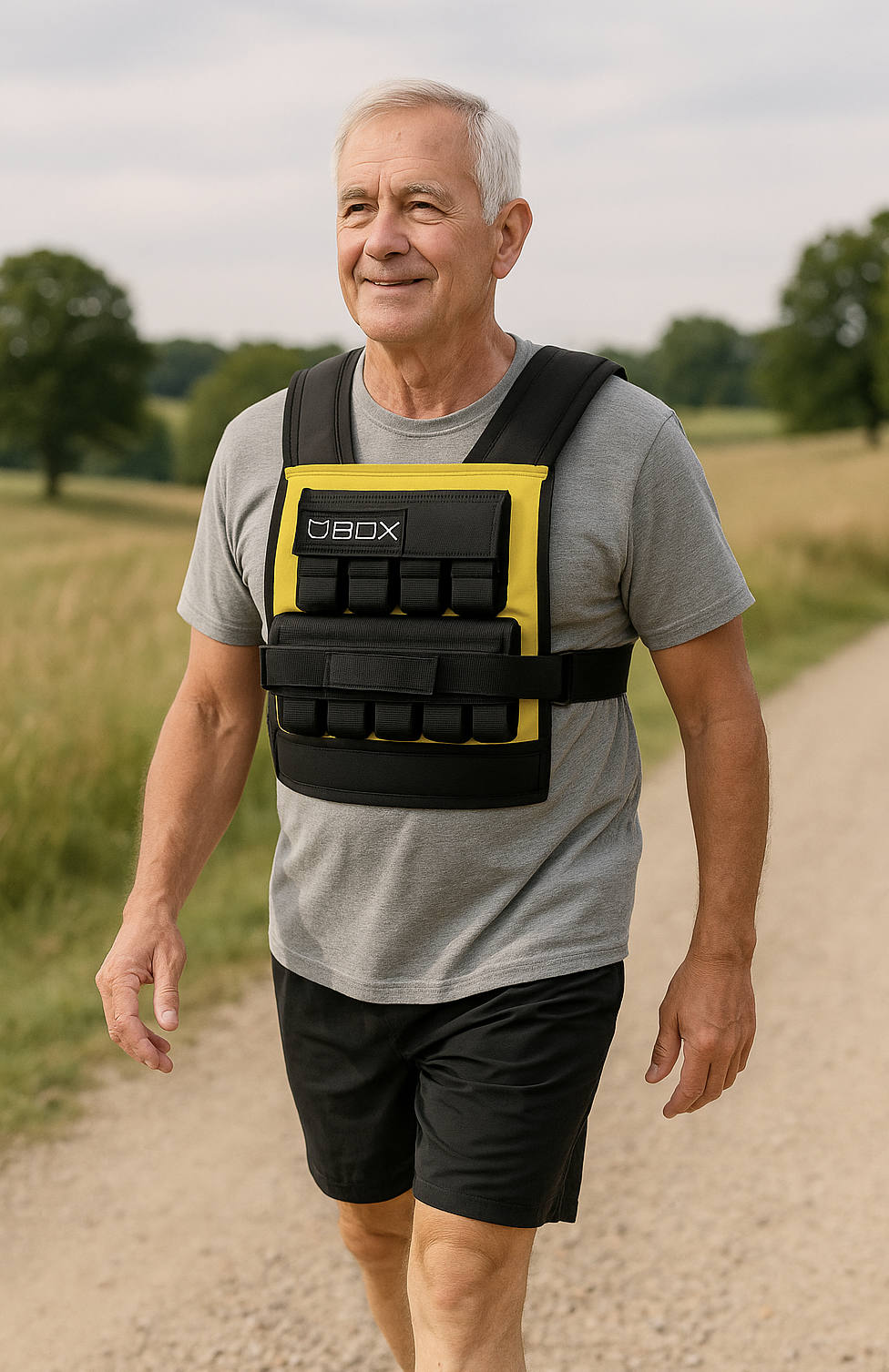 Elderly man wearing a BOX weighted vest walking down a dirt road