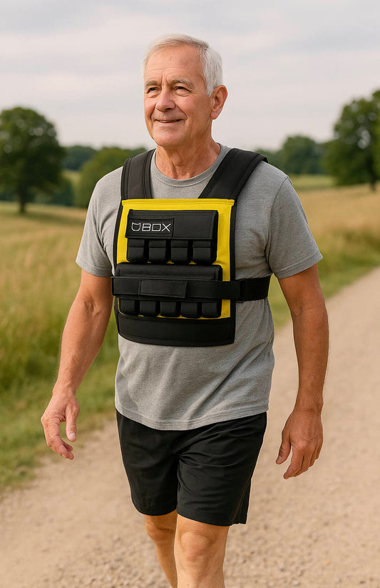 Elderly man wearing a BOX weighted vest walking down a dirt road