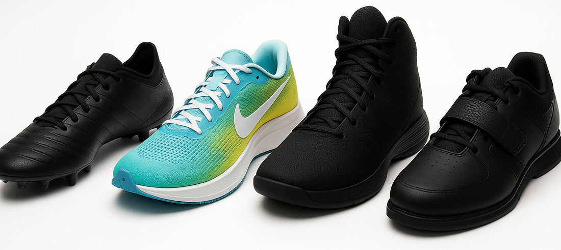 4 types of shoes 3 black and one light green