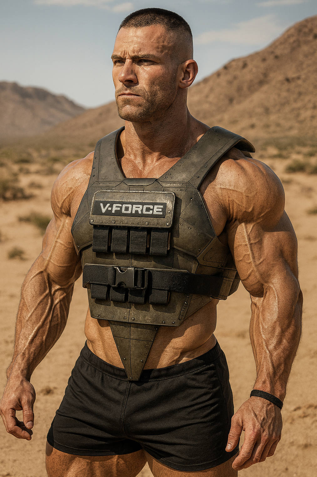 Muscular man standing in a desert wearing a V-Force weighted vest, showcasing rugged USA-made durability and heavy-duty construction