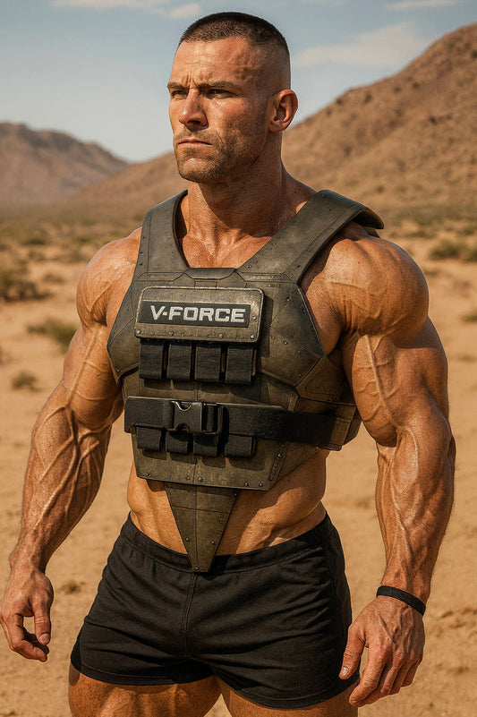Muscular man standing in a desert wearing a V-Force weighted vest, showcasing rugged USA-made durability and heavy-duty construction