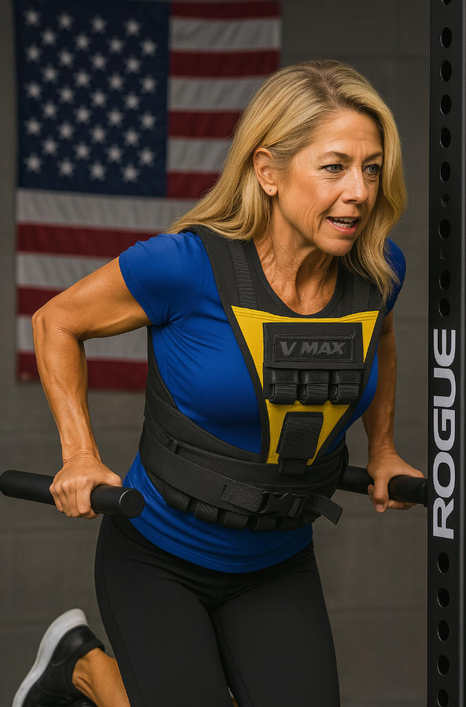 Woman doing dips on a Rogue rack with a yellow weight vest