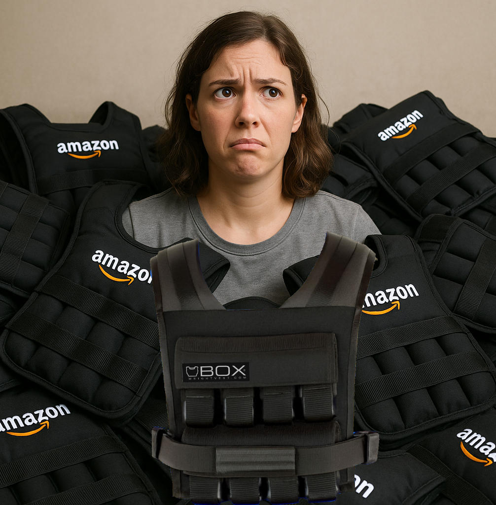 woman surrounded by many weight vests