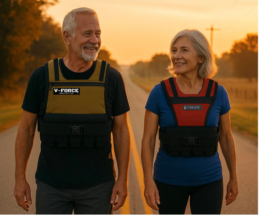 Older couple walking at sunrise on a quiet country road while wearing V-Force and BOX weight vests, smiling and enjoying a light morning fitness routine