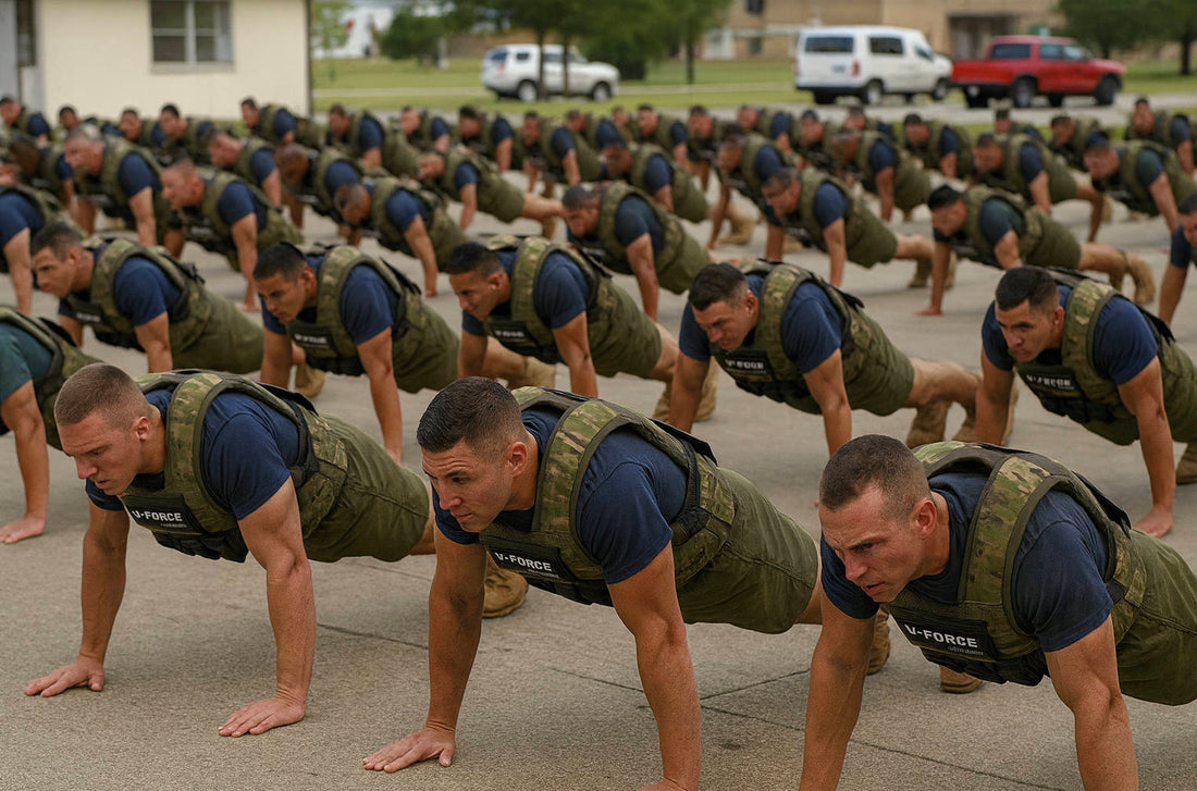 Around 60 soldiers in uniform performing push-ups outdoors while wearing camo V-Force weight vests during group PT drills