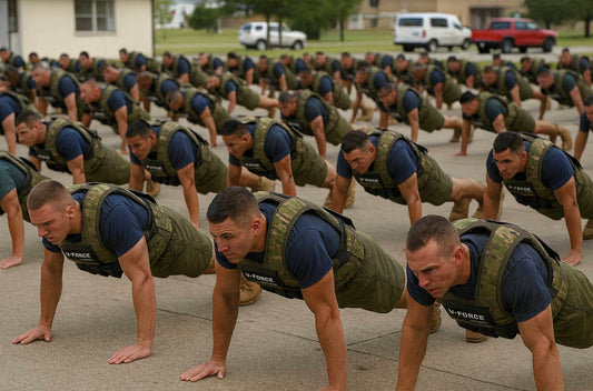 Around 60 soldiers in uniform performing push-ups outdoors while wearing camo V-Force weight vests during group PT drills