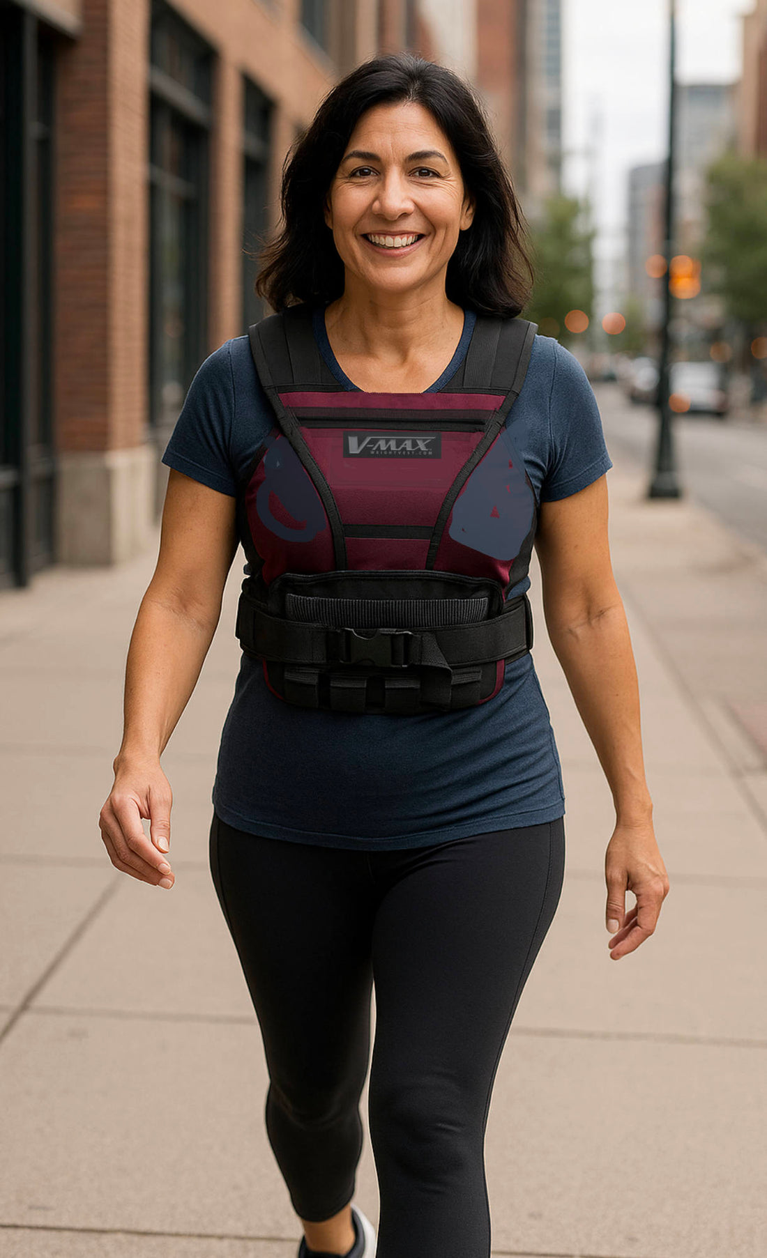 Fit woman in her 50s walking confidently in a downtown environment wearing a V-MAX® weighted vest to support bone density and healthy aging