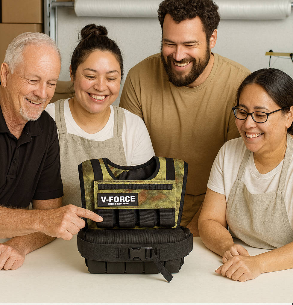 Four smiling workshop technicians proudly examine a completed V-Force® camouflage weight vest on a table, symbolizing high-quality craftsmanship and durable construction at WeightVest.com