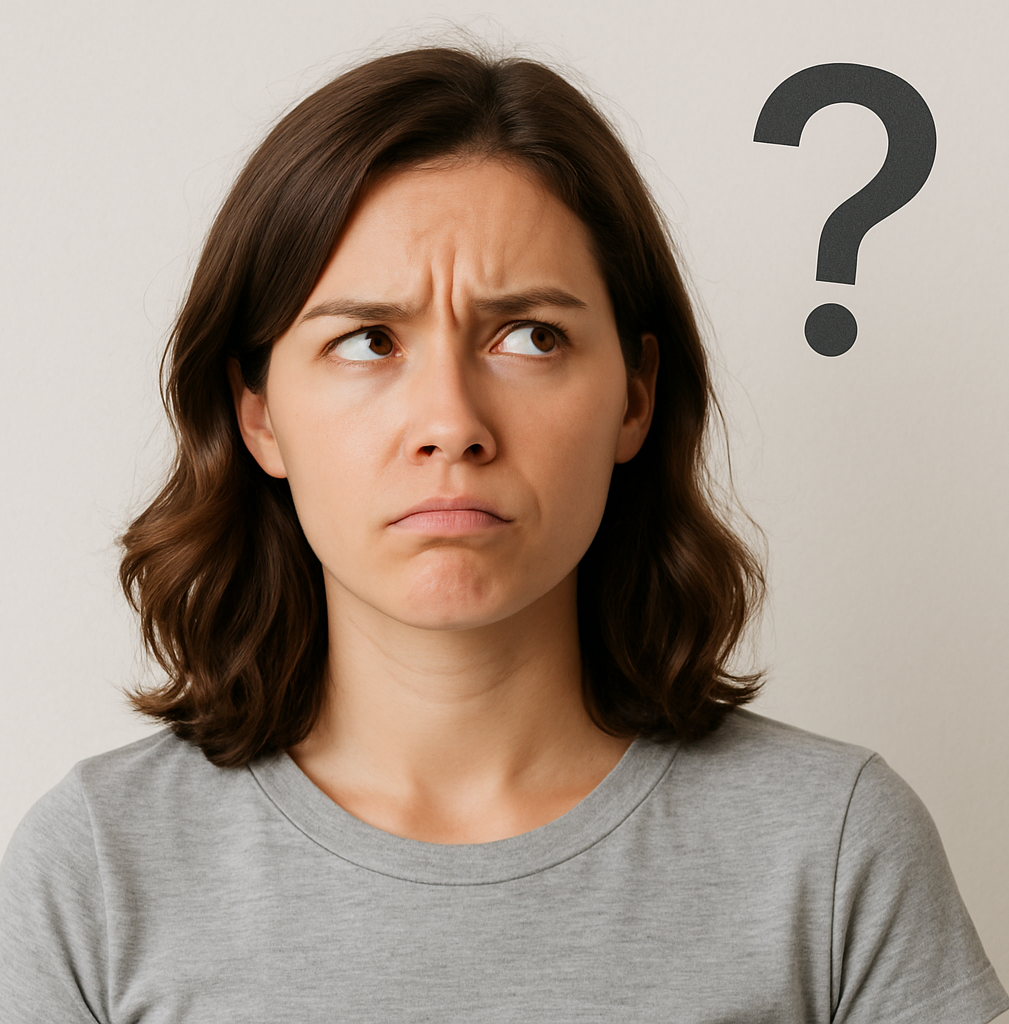 Person with a questioning expression thinking about wide, narrow, and basketball shoulder differences for weight vest fit