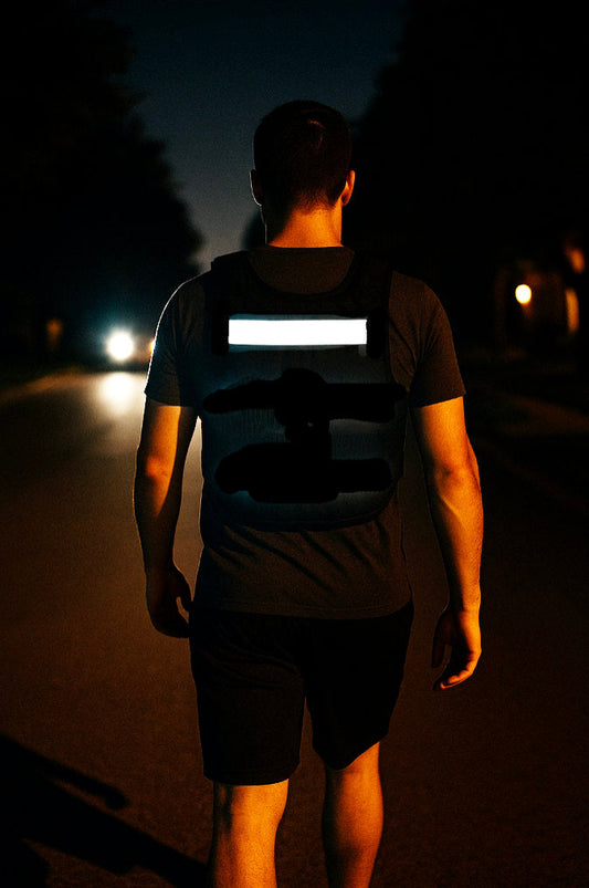 Man walking at night wearing a black weight vest with bright detachable reflective bands glowing under car headlights, viewed from behind on a dimly lit street