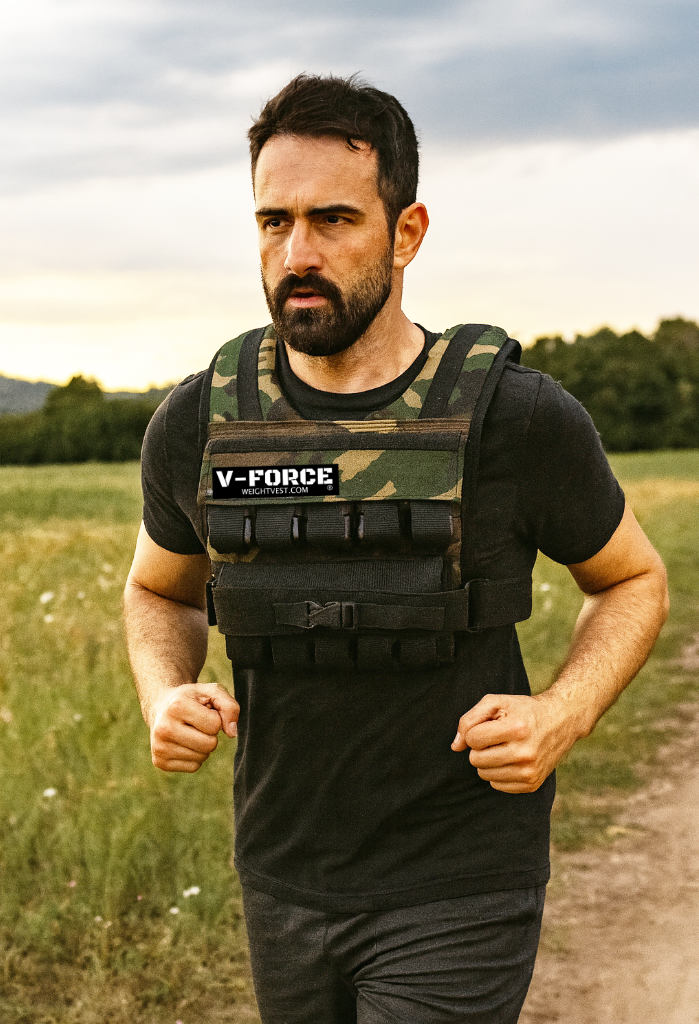Man wearing a V-Force weight vest while rucking in the hills