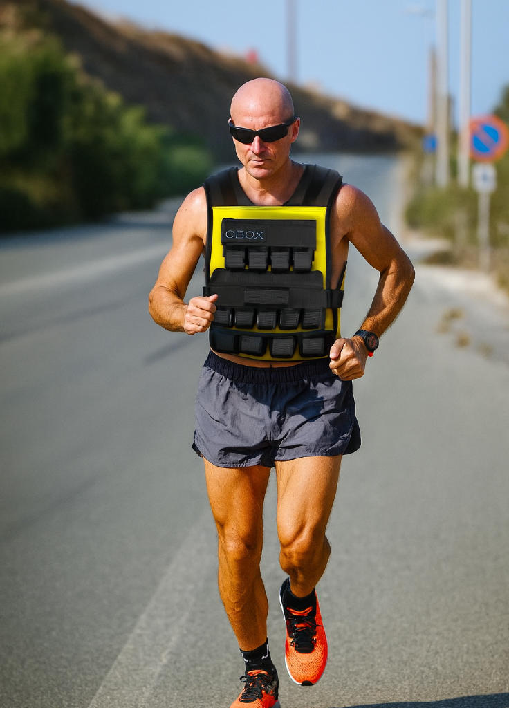 Man running with a yellow weight vest