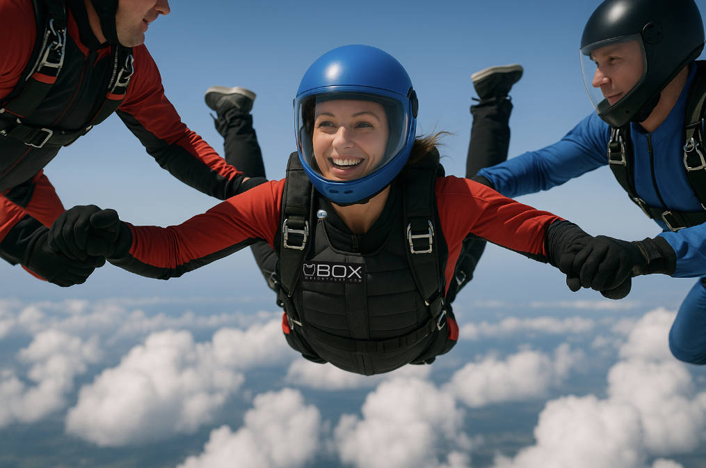 Female skydiver wearing a compact weight vest in formation with teammates, using added weight to match fall speed