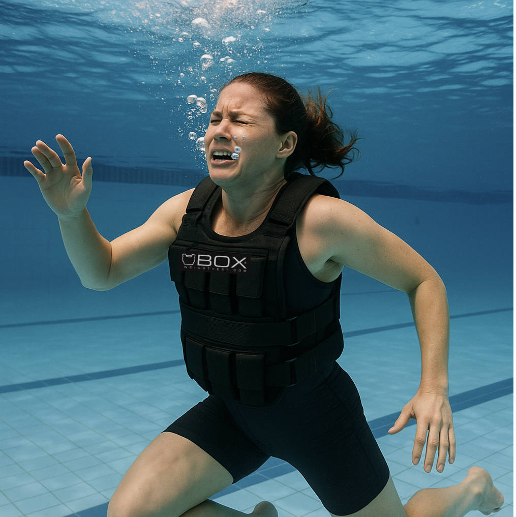 A woman wearing a black weight vest struggles underwater in a swimming pool, with bubbles rising around her and an expression of effort on her face, illustrating the danger and absurdity of trying to swim with a weight vest