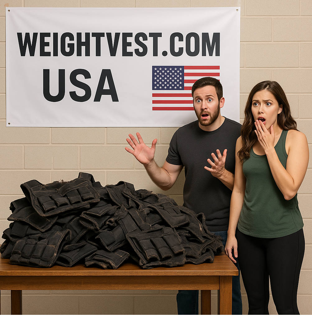 two people standing by a table of old weight vests