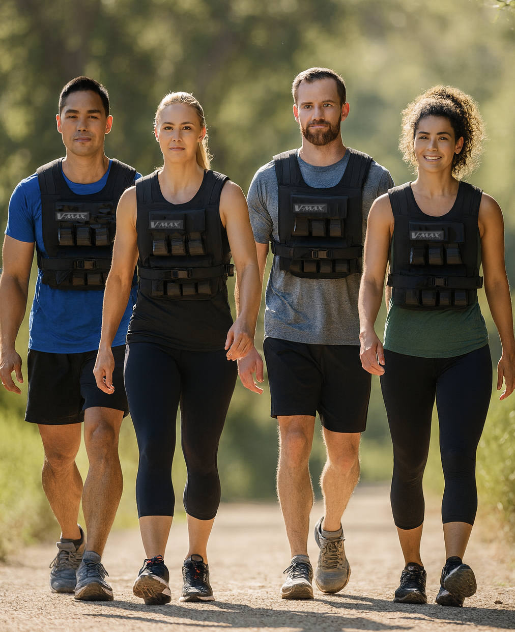 Group of four adults walking outdoors on a forest trail while wearing black V-MAX weight vests, demonstrating proper gait mechanics and weighted walking fitness training.