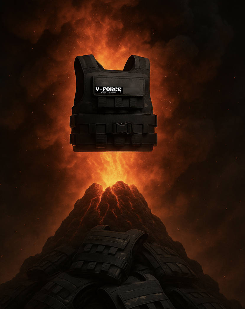 V-Force weight vest erupting from the top of a volcano-shaped pile of weight vests with glowing orange lava and dark smoke in the background, dramatic and ominous fitness-themed artwork.”
