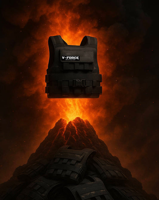V-Force weight vest erupting from the top of a volcano-shaped pile of weight vests with glowing orange lava and dark smoke in the background, dramatic and ominous fitness-themed artwork.”