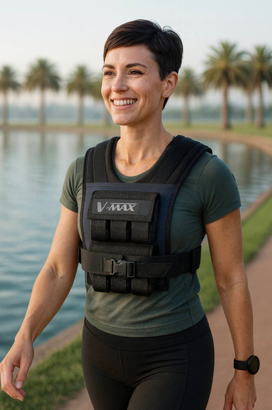 Smiling woman walking beside a palm-lined lake wearing a black V-MAX weight vest from WeightVest.com for fitness and fat loss training