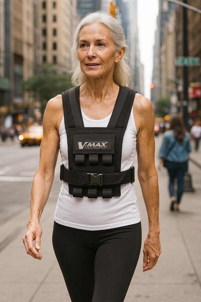 Woman walking in New York City with weighted vest