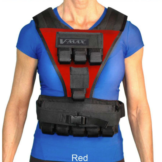 Red weight vest with 'V-MAX' branding on a person wearing a blue shirt.