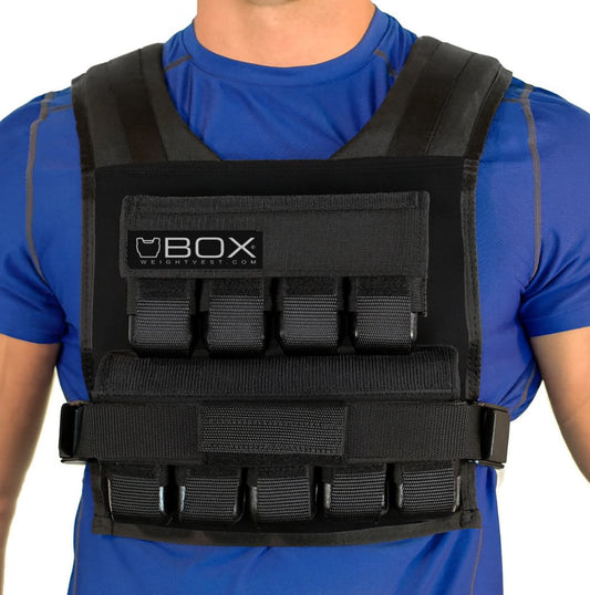 Person wearing a black weighted vest with 'BOX' branding on a white background