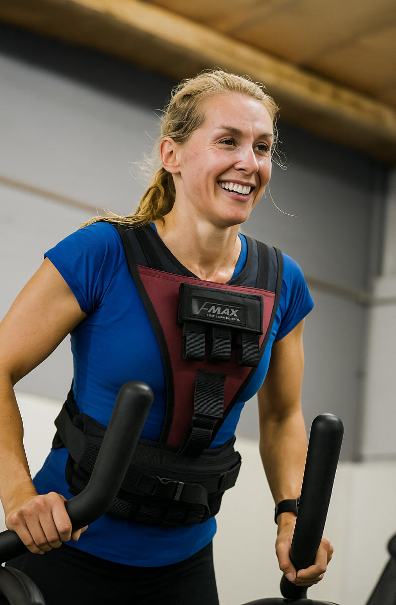 Woman wearing 50 lb V-MAX compact weight vest during strength workout indoors