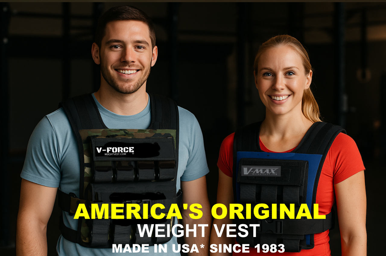 Two people wearing weight vests with 'V-Force and V-Max branding, set against a dark background.
