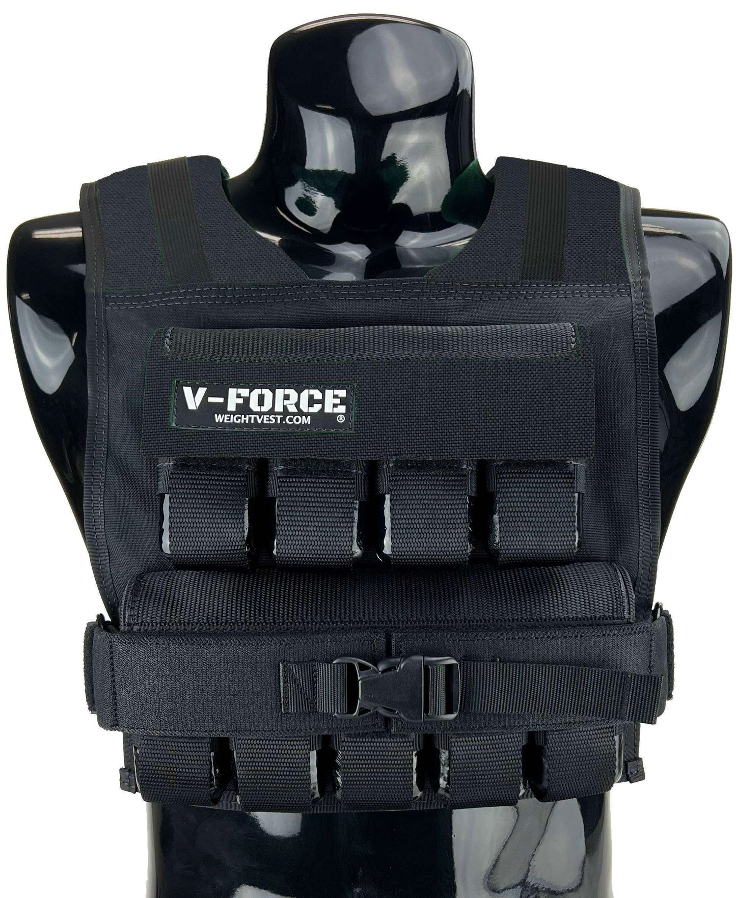 V-FORCE 45 lb black weight vest on black mannequin – USA-made military-style short weighted vest for tactical training, CrossFit, and strength workouts