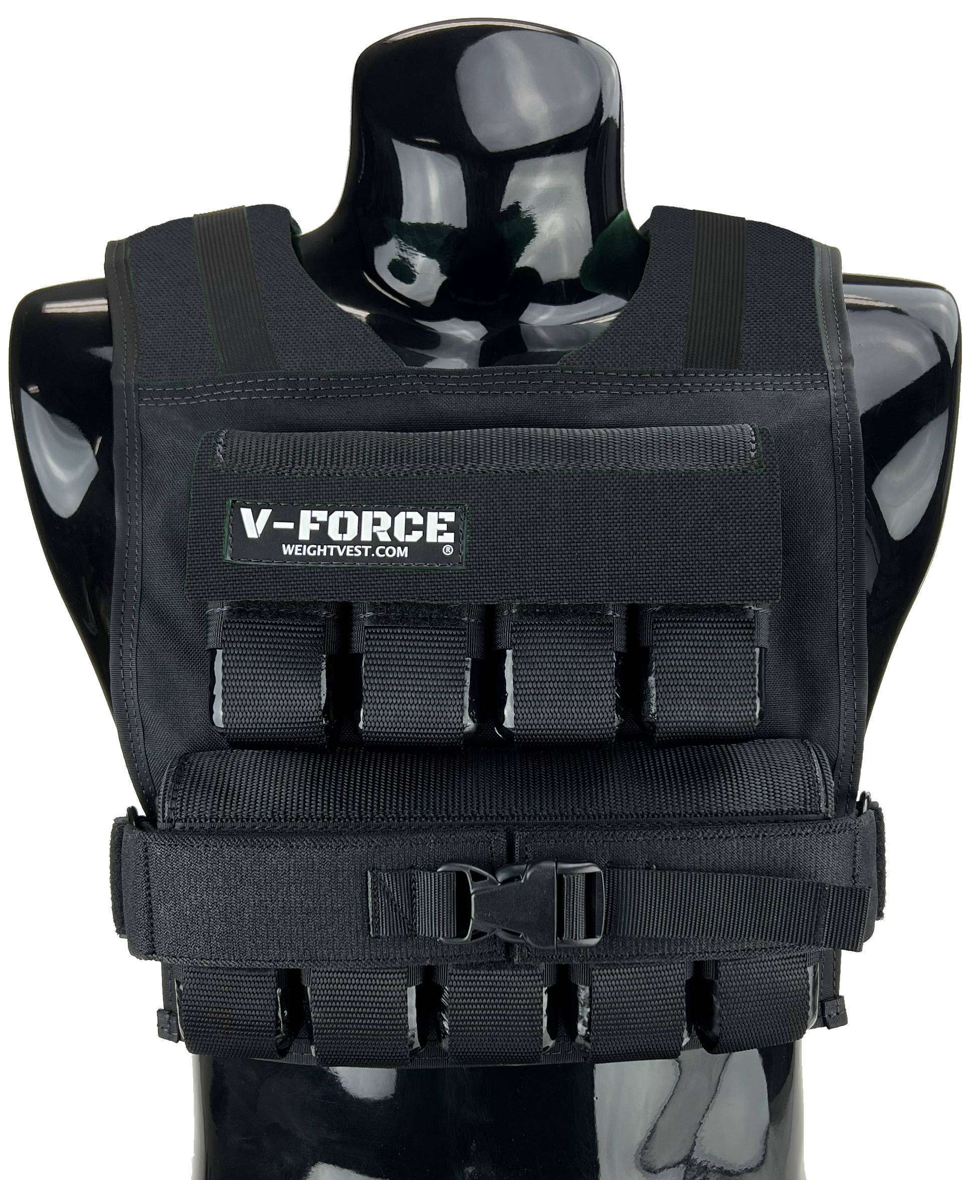 V-FORCE 45 lb black weight vest on black mannequin – USA-made military-style short weighted vest for tactical training, CrossFit, and strength workouts