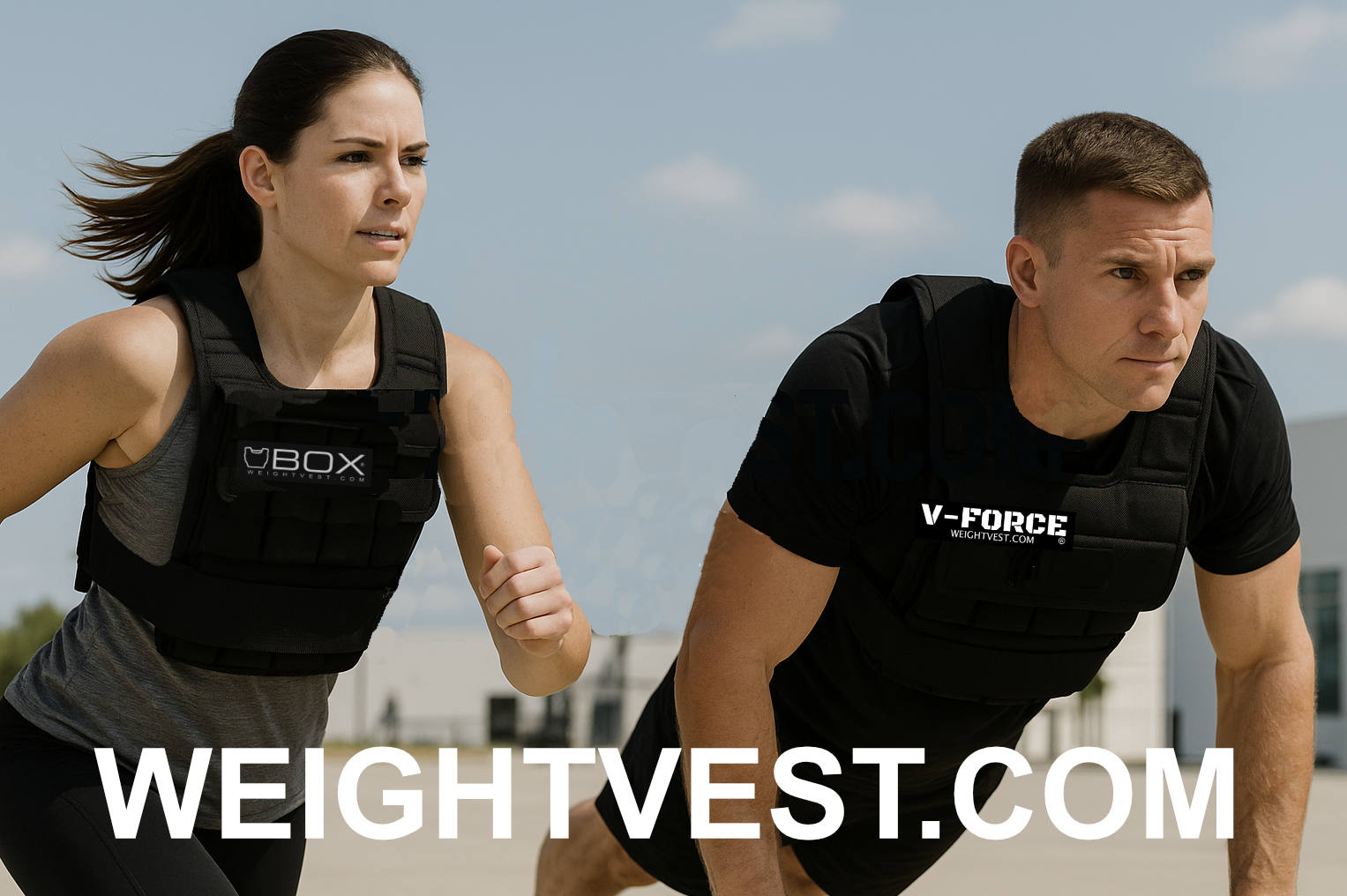 Two people wearing weight vests with
 'V-Force' branding outdoors.
