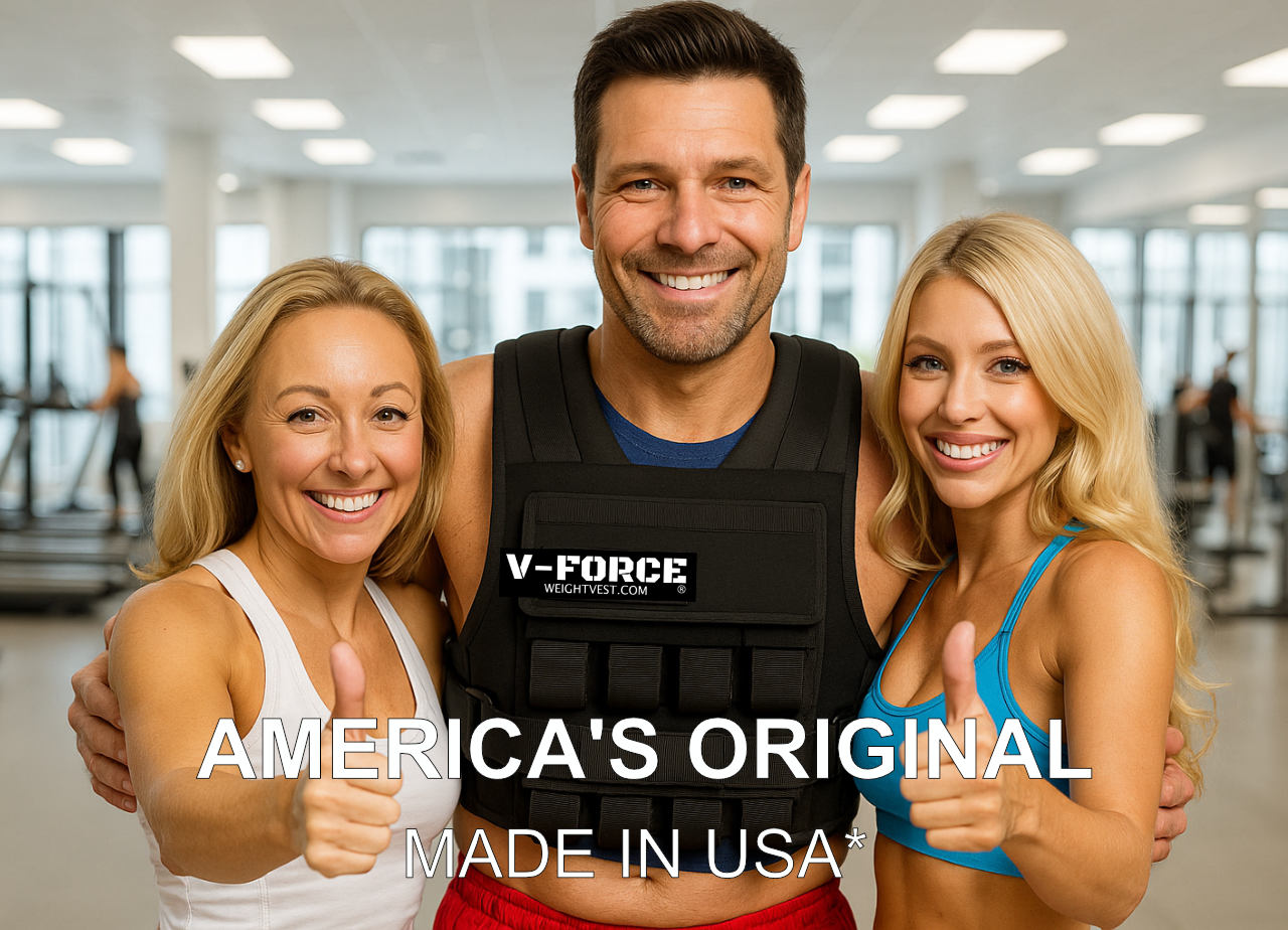 Man in V-Force weighted vest with two women smiling in gym – WeightVest.com USA fitness gear