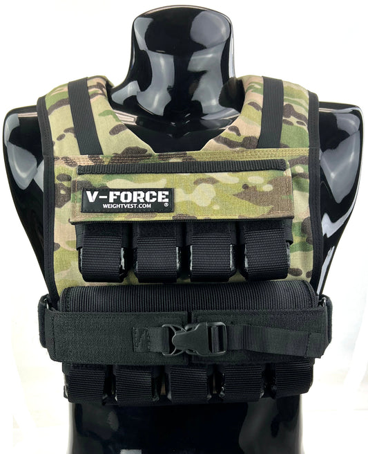 V-Force 45 lb. Multicam Camo Weight Vest with Black Buckle and Adjustable Straps – Heavy-Duty Tactical Fitness Gear from WeightVest.com