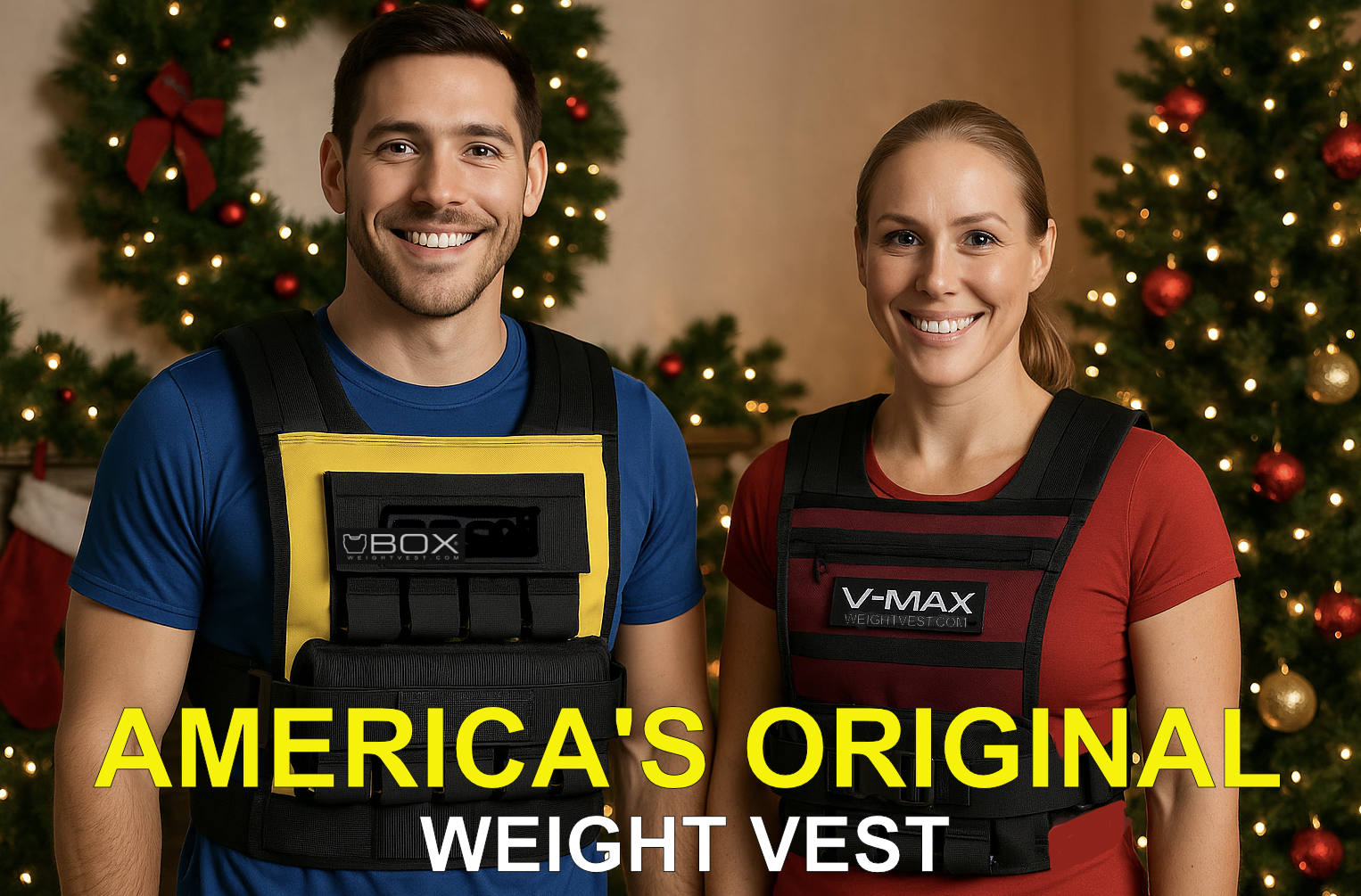 Two people wearing weight vests with Christmas decorations in the background